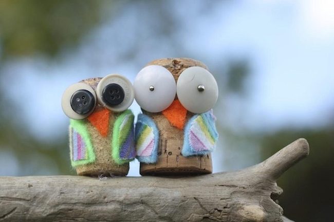 Striped Cork Owls Button Eyes