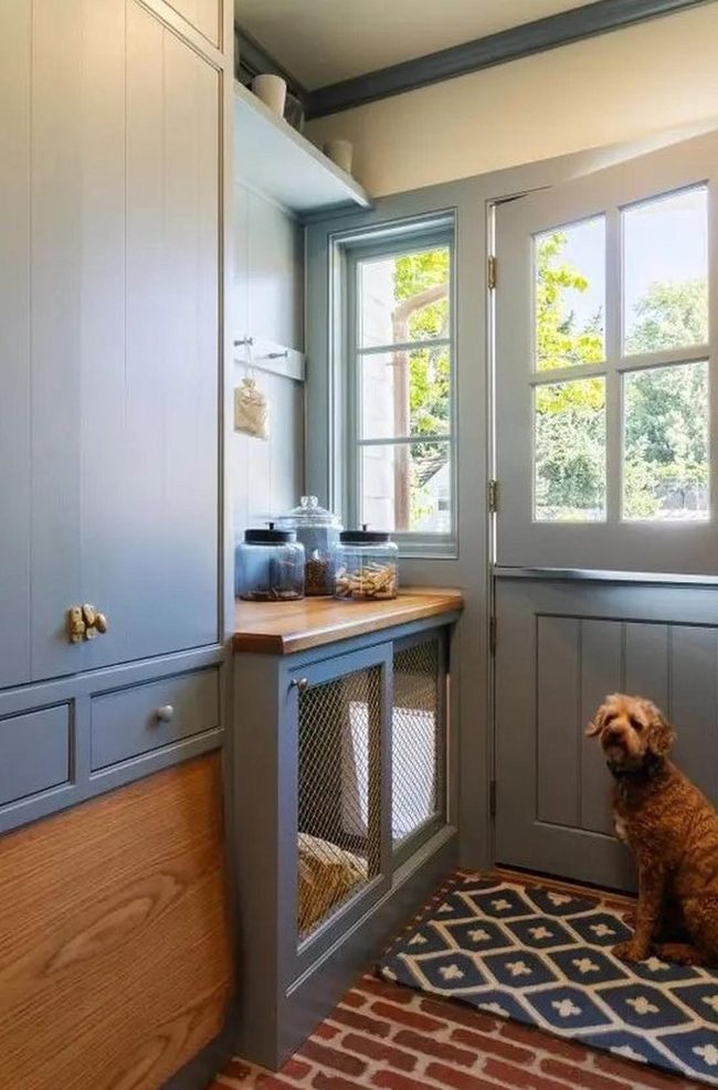 Brick Kitchen With Blue-Gray Cabinets