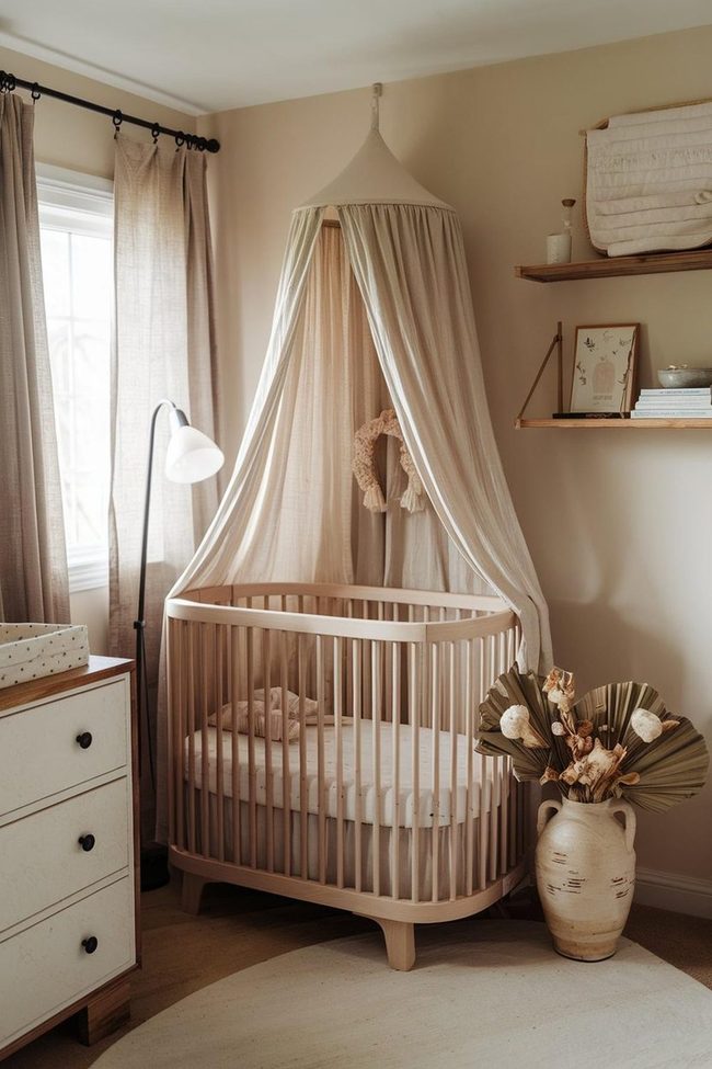 Beige Canopy Crib Room