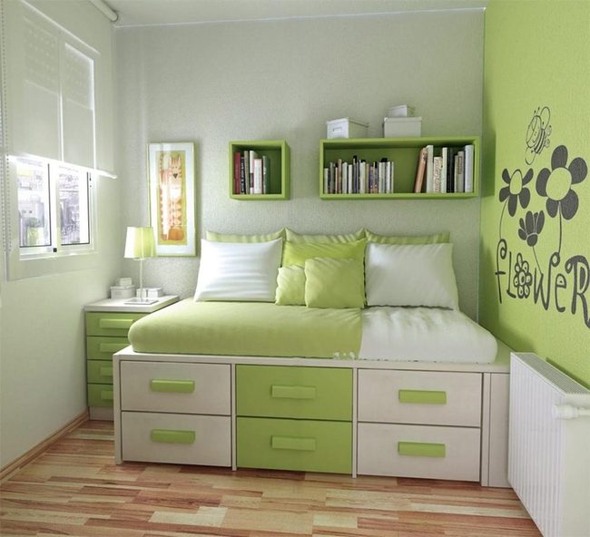 Green, White, And Wood Storage Bedroom
