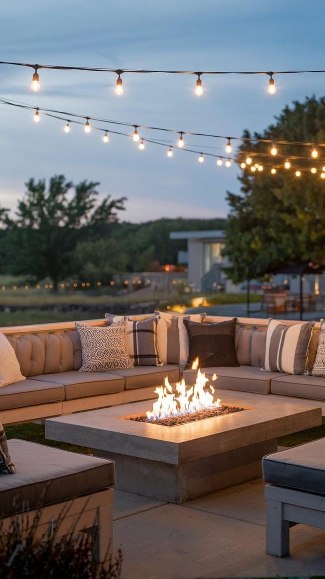 Fire Pit Dining Under String Lights