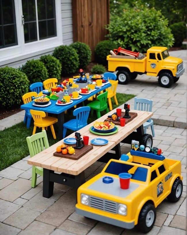 Toy Trucks Yellow Tape Dining
