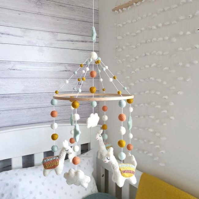 Grey Wood Nursery With Llama Mobile