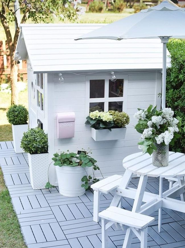 White Playhouse Pink Mailbox Garden
