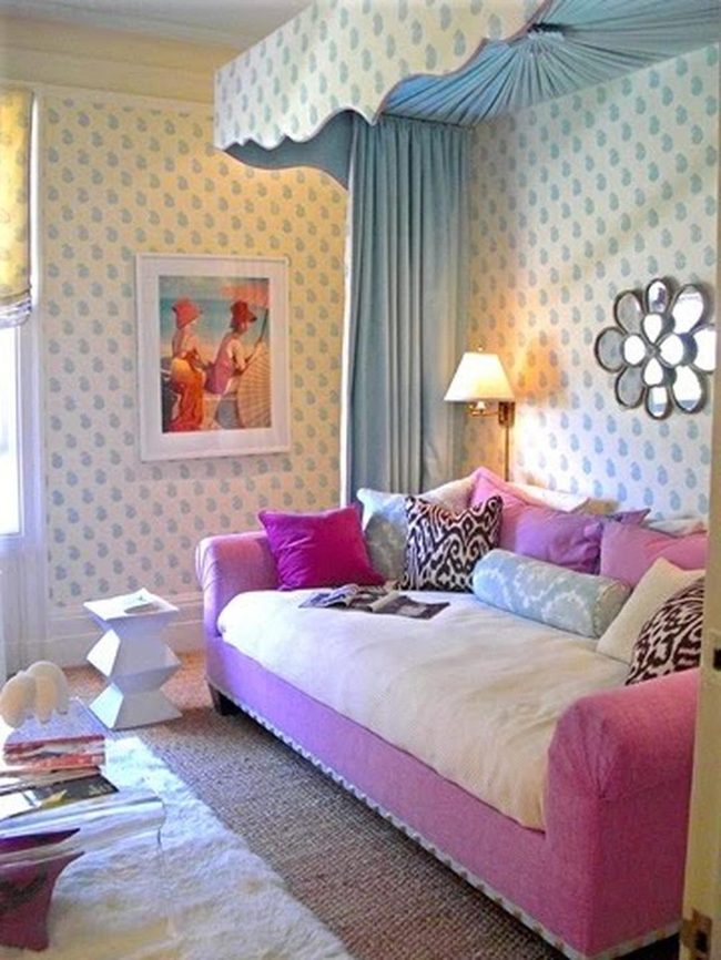 Pink Daybed With Sky Blue Canopy