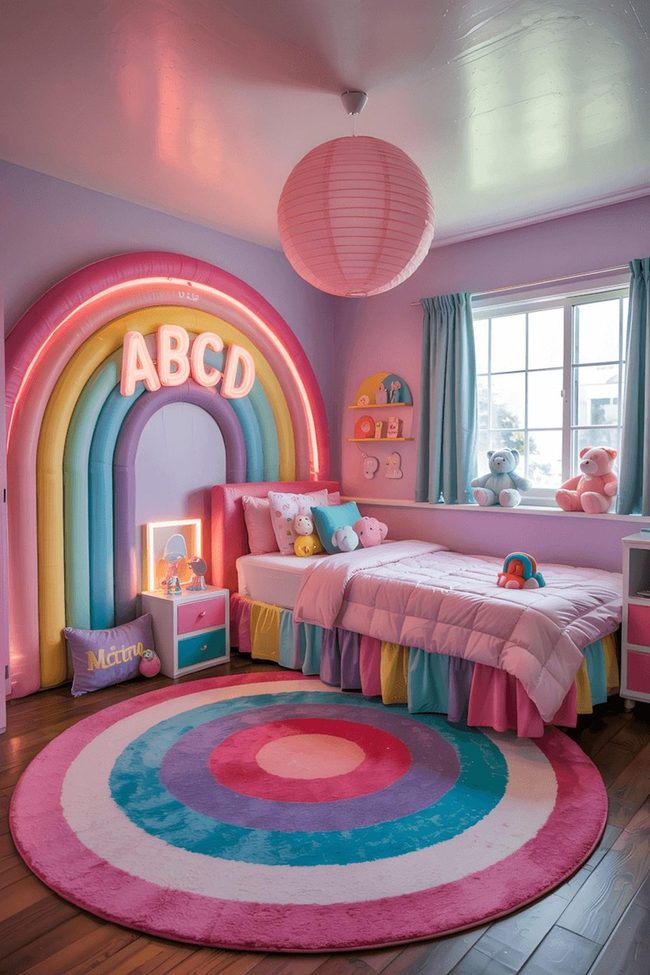 Rainbow Neon Arch Over Pink Girl'S Bedroom