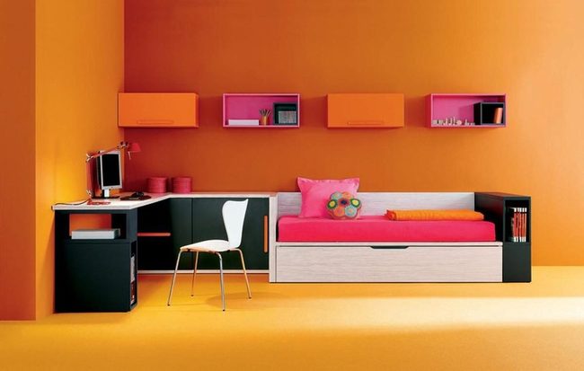 Orange Walls, Black Storage, Compact Living