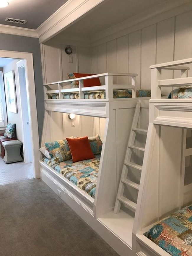 White Bunk Beds, Blue-Brown Bedding