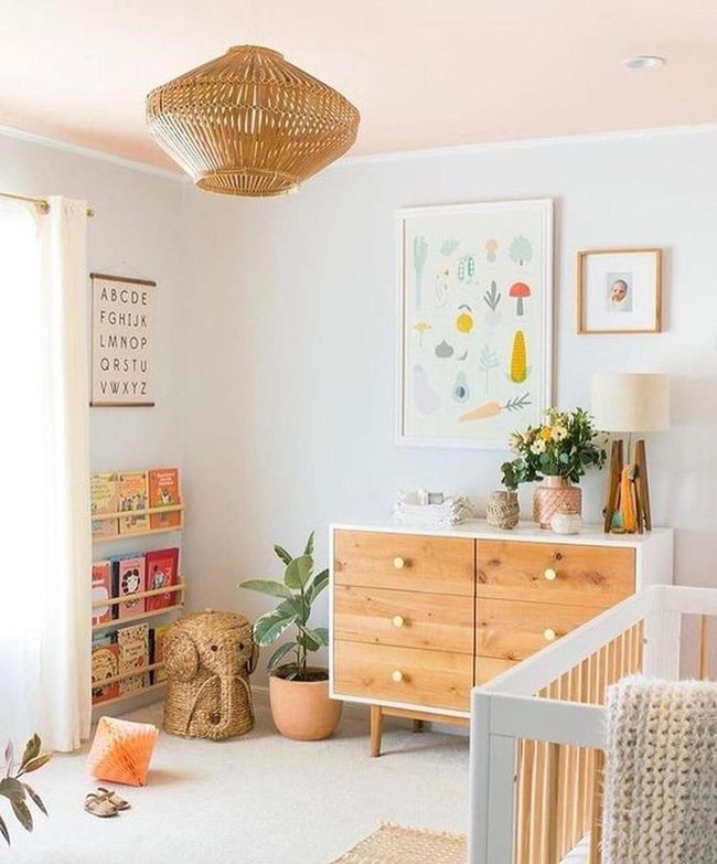 White Crib, Colorful Shapes, Woven Storage