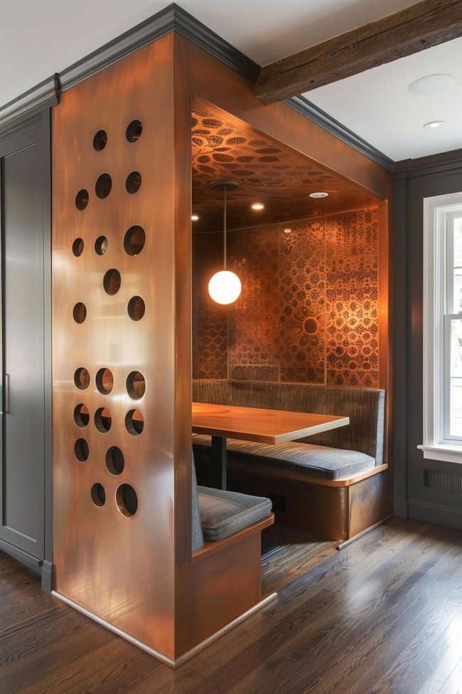 Pine Panel Screens Define Cooking Zone Nook