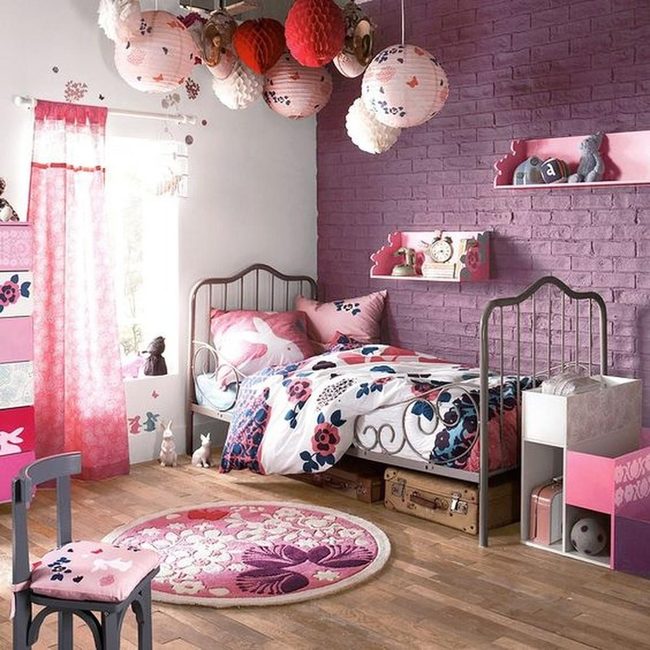 Pink Purple Brick Bedroom