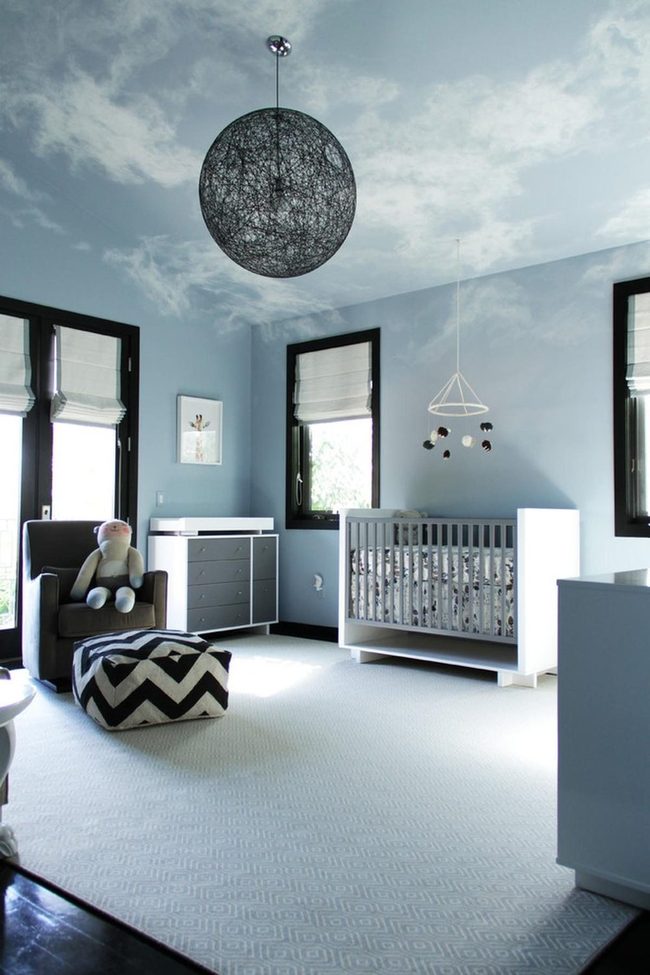 Light Blue Nursery With Woven Pendant