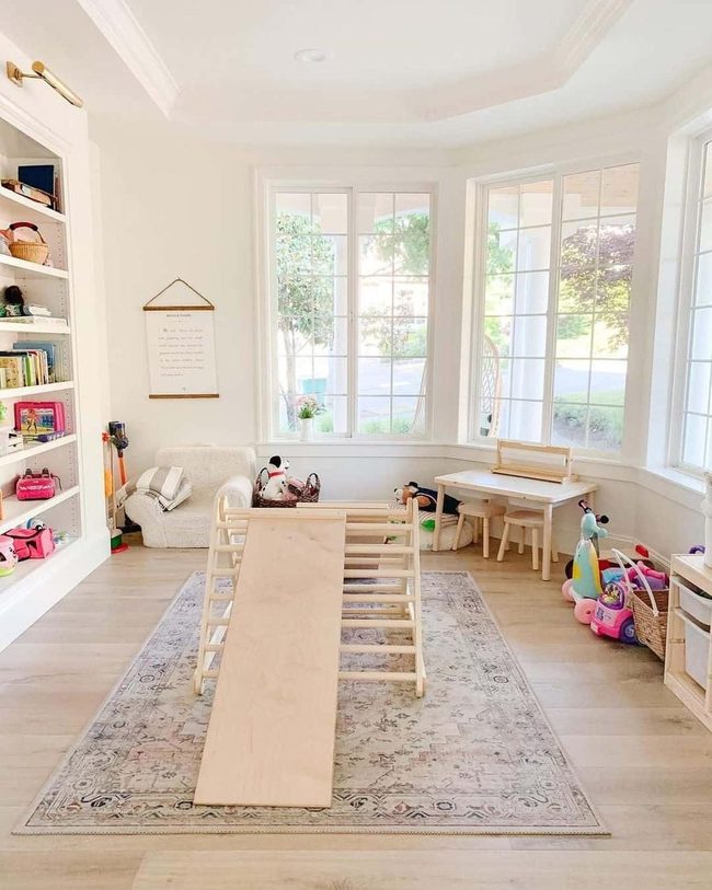Sunlit Playroom, White Shelves, Golden Glow