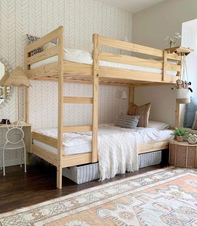 Light Wood Bunks Orange Rug Pop