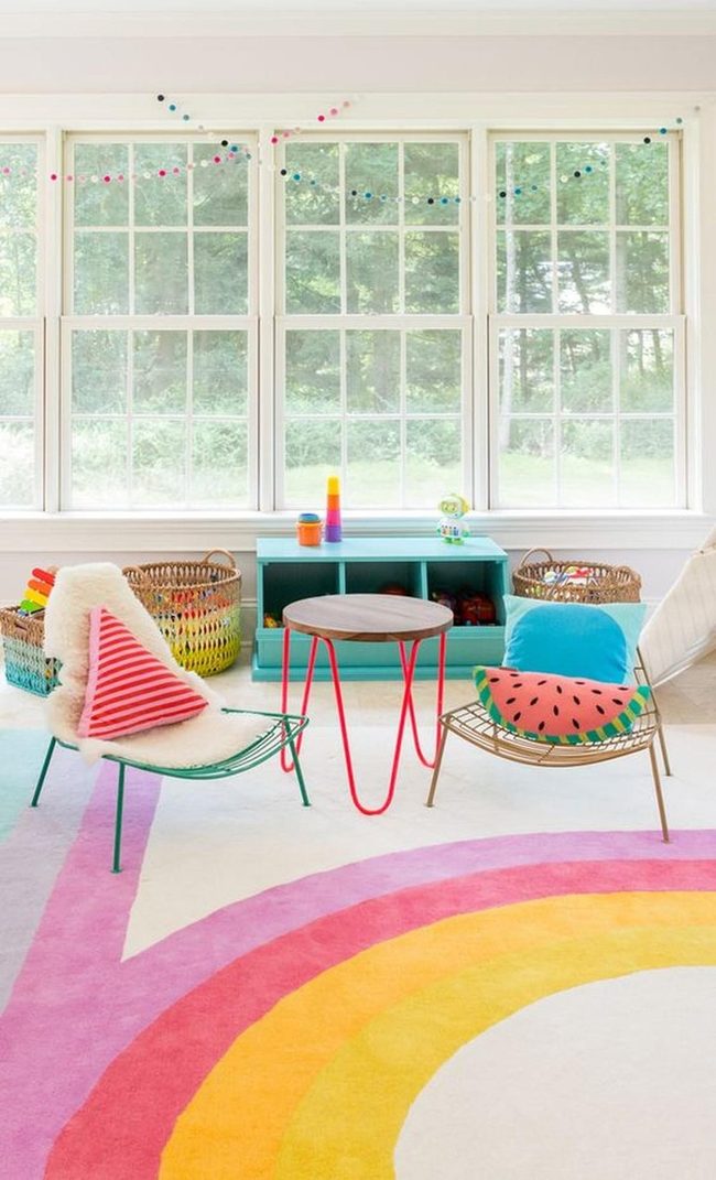 Sunlit Playroom With Striped Rug