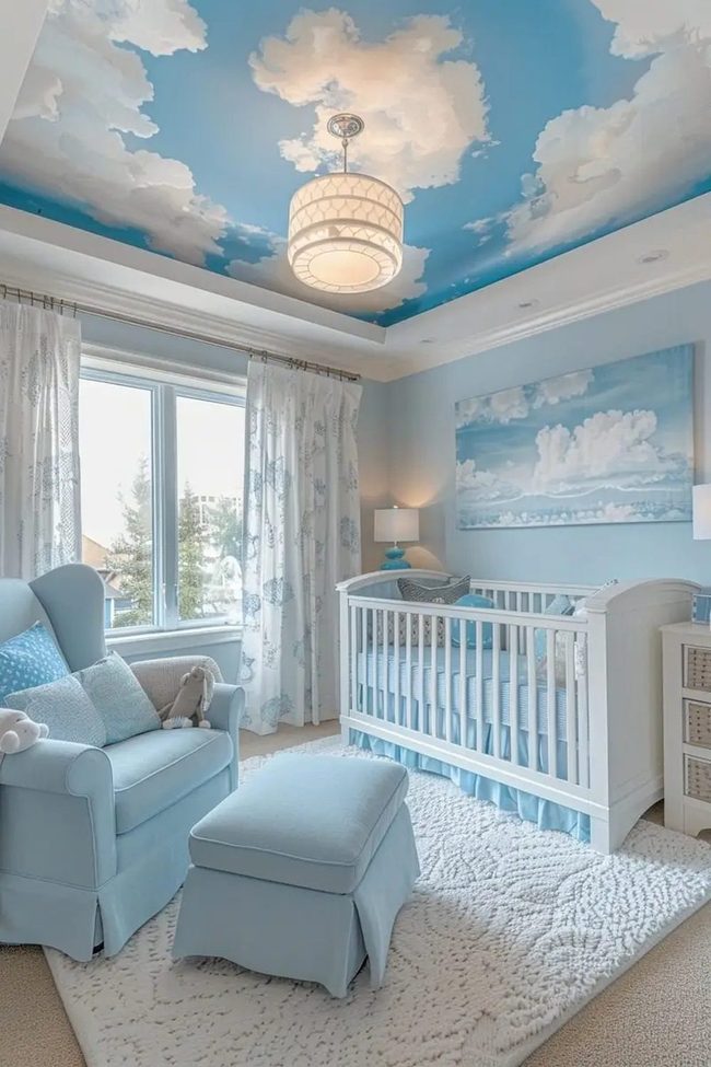Soft Blue Nursery With Clouds