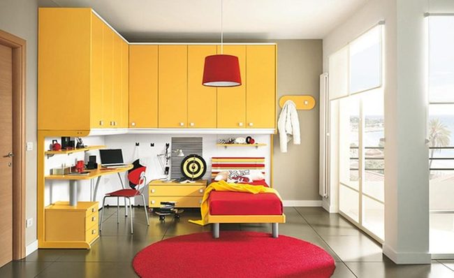 Yellow Cabinets, Red Ceiling Lamp