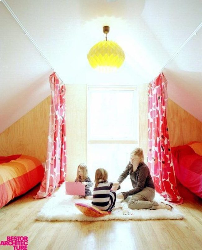 Red Orange Striped Attic Bedroom