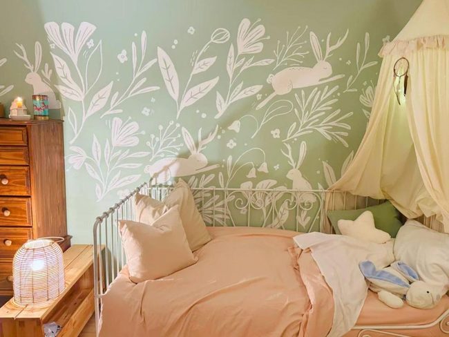 Muted Green Bunny Mural Wall