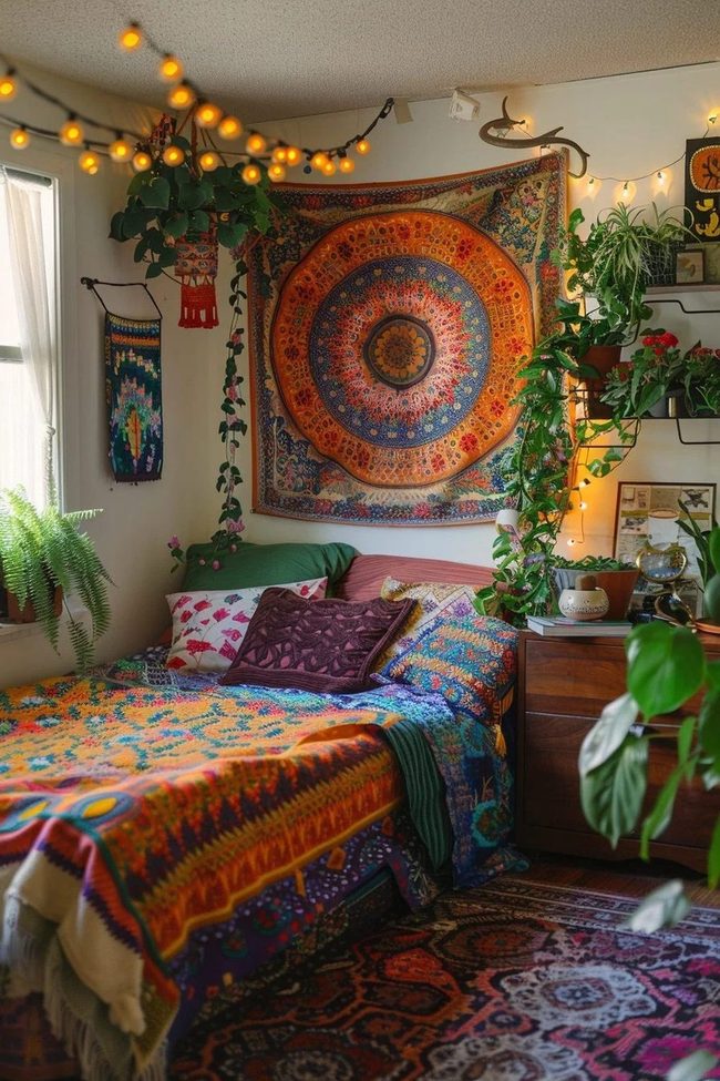 Patterned Bedspread With Fairy Lights