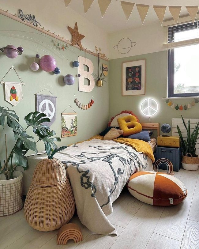 Muted Green Planetary Bedroom