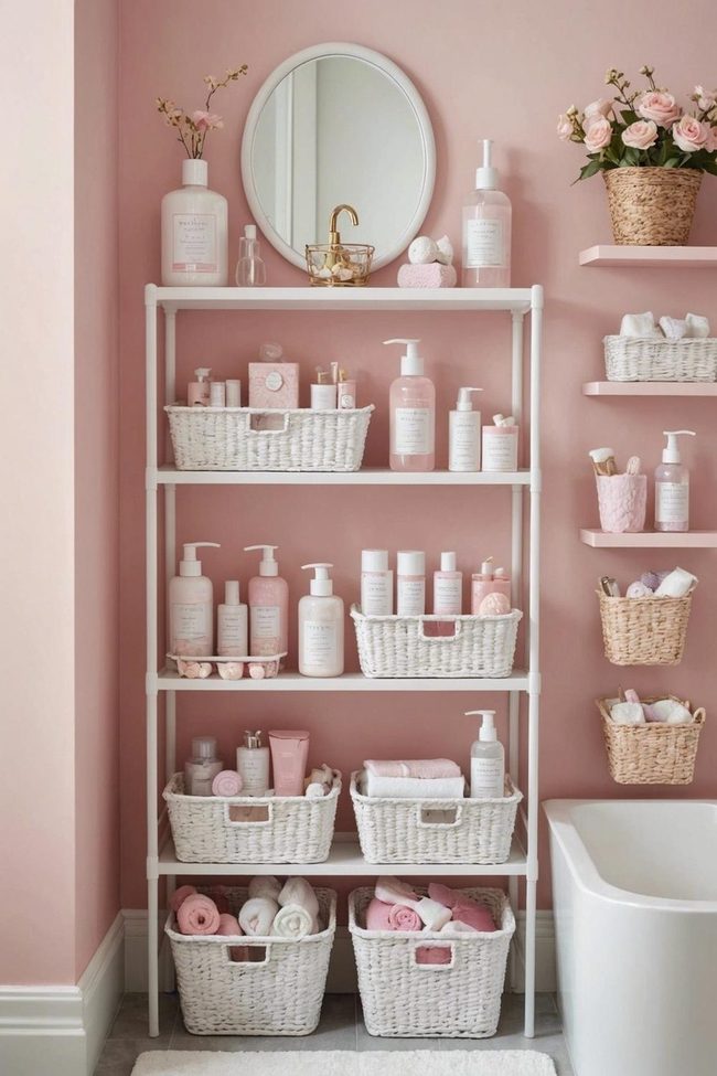 Pink Wicker Bins Bathroom Storage