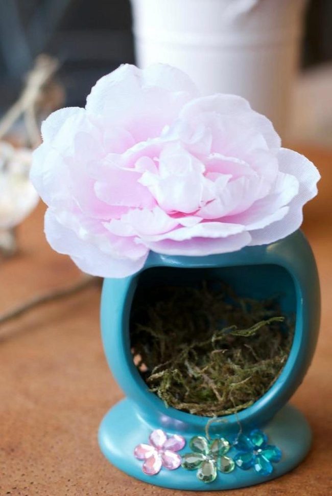 Blue Ceramic Holders Pink Flowers