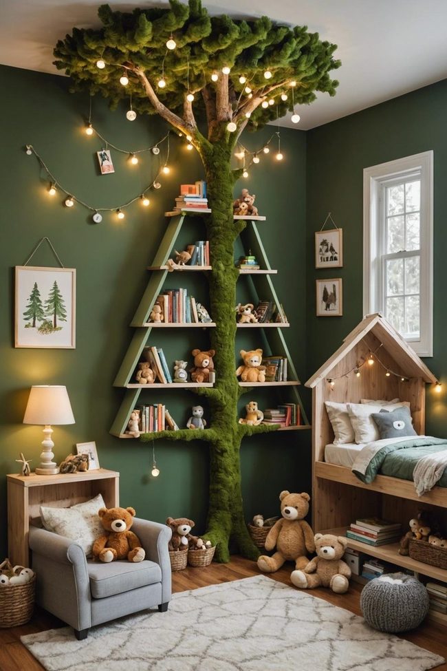 Green Forest Bedroom With String Lights
