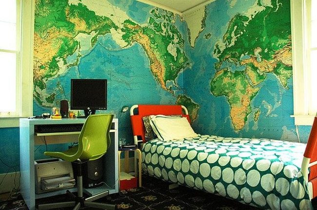 World Map Bedroom, Green & Blue