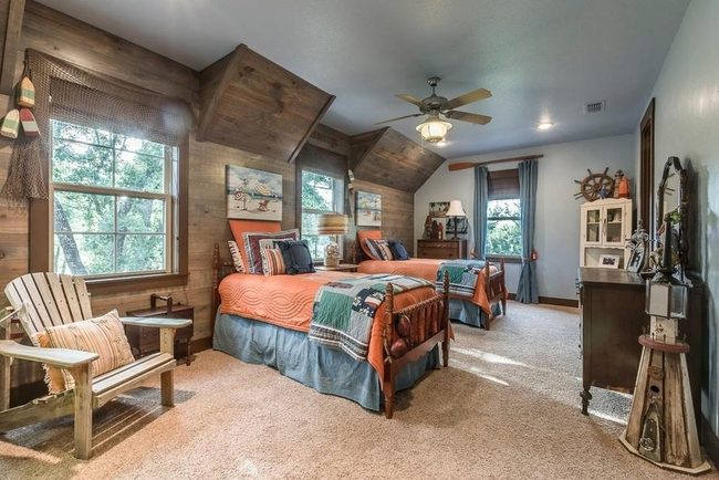Orange Twin Beds, Wood Cabin