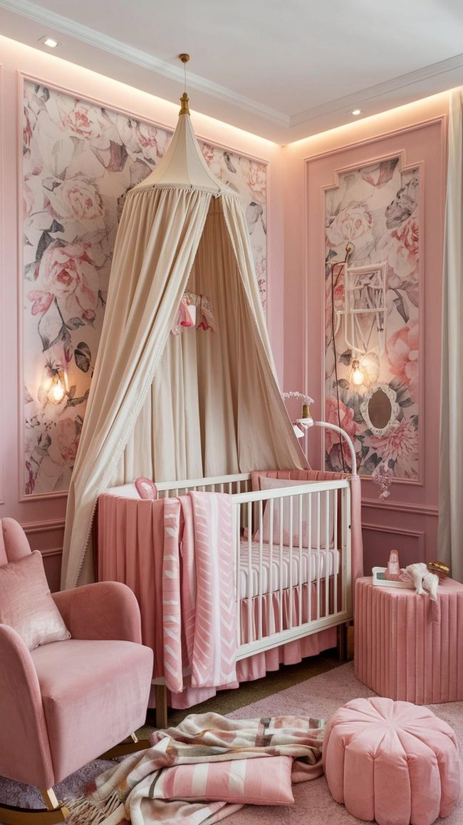 Blush Pink Canopy Nursery With Floral Details