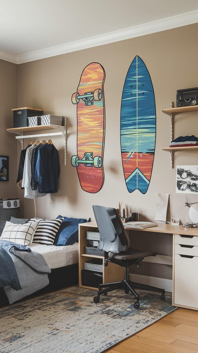 Skateboards and Surfboards on Walls