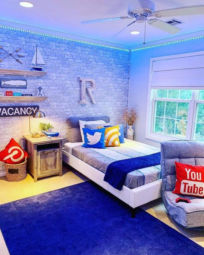 Gray Brick Blue Lights Bedroom