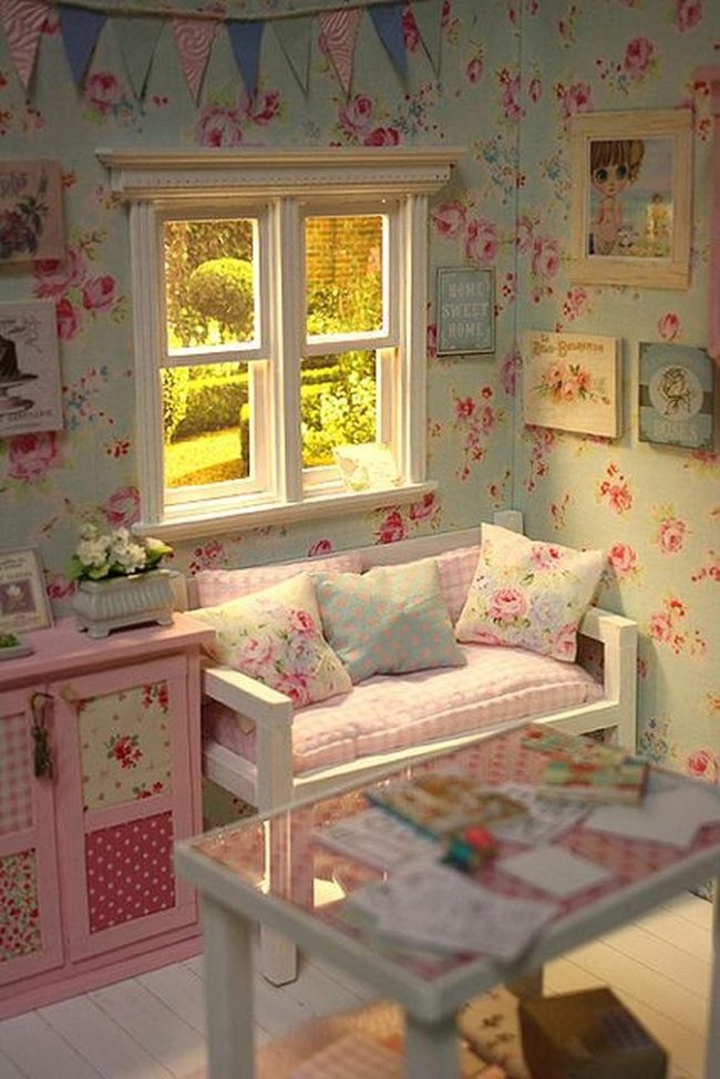 Pink Floral Walls And Blossoming Cabinets