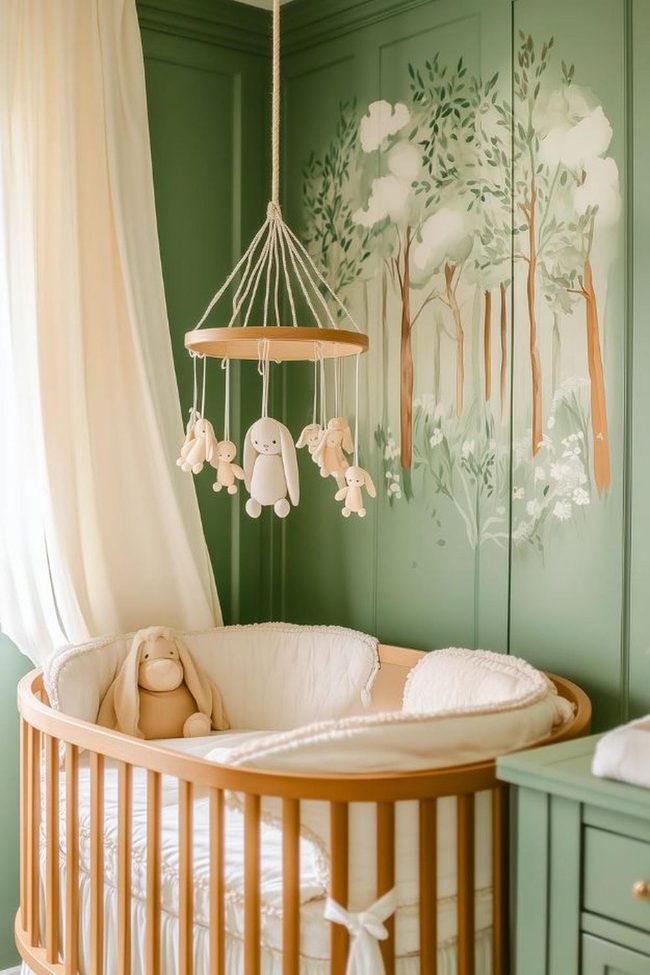 Sage Green Walls With Hand-Painted Bunnies