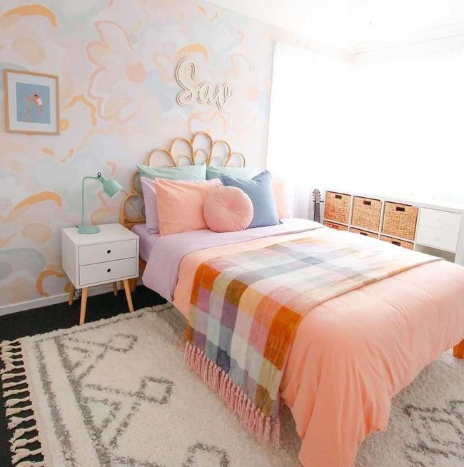Rattan Bed With Watercolor Walls