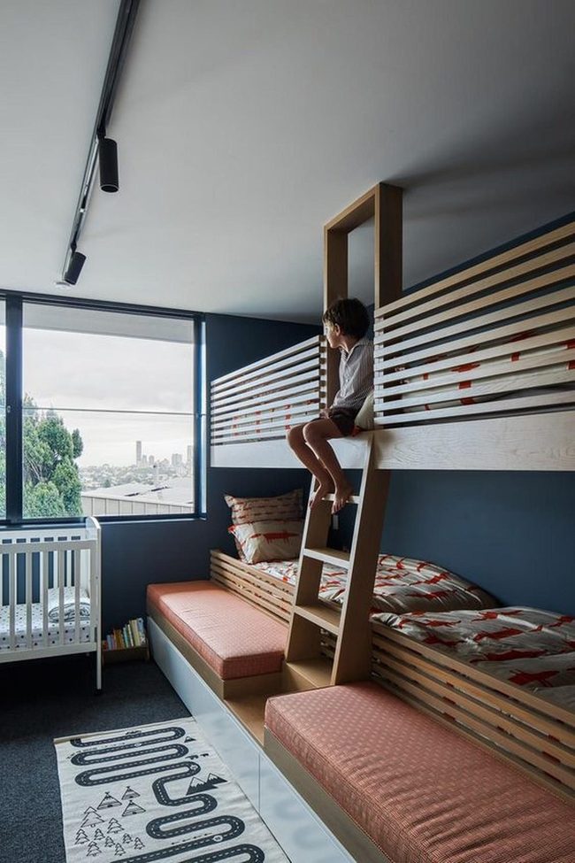 Dark Blue Bunk Beds With Orange Accents