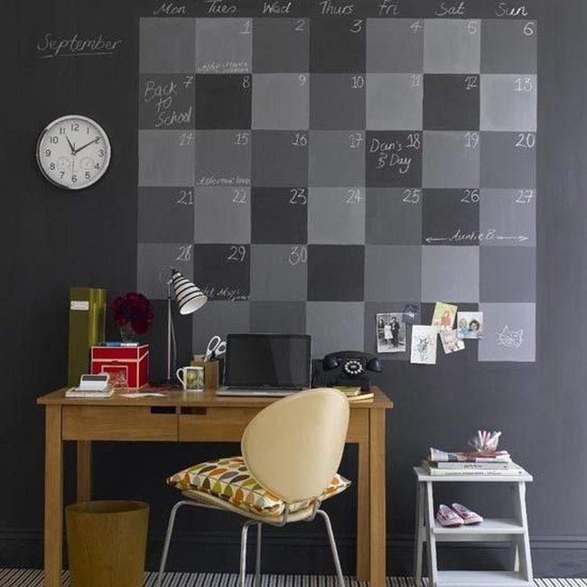 Gray Walls, Red Accents, Wooden Desk