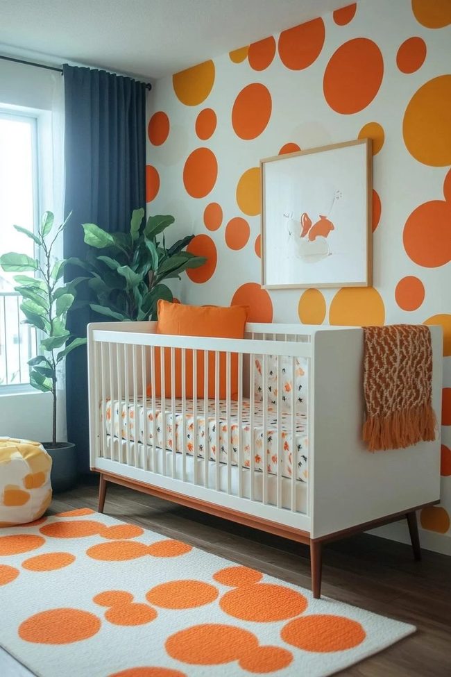 Orange Polka Dots, Green Accents, White Crib