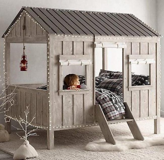 Gray Wood House Bed Frame