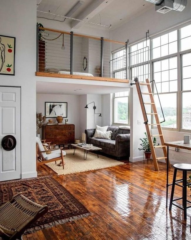 Sunlit Loft With Dark Wood