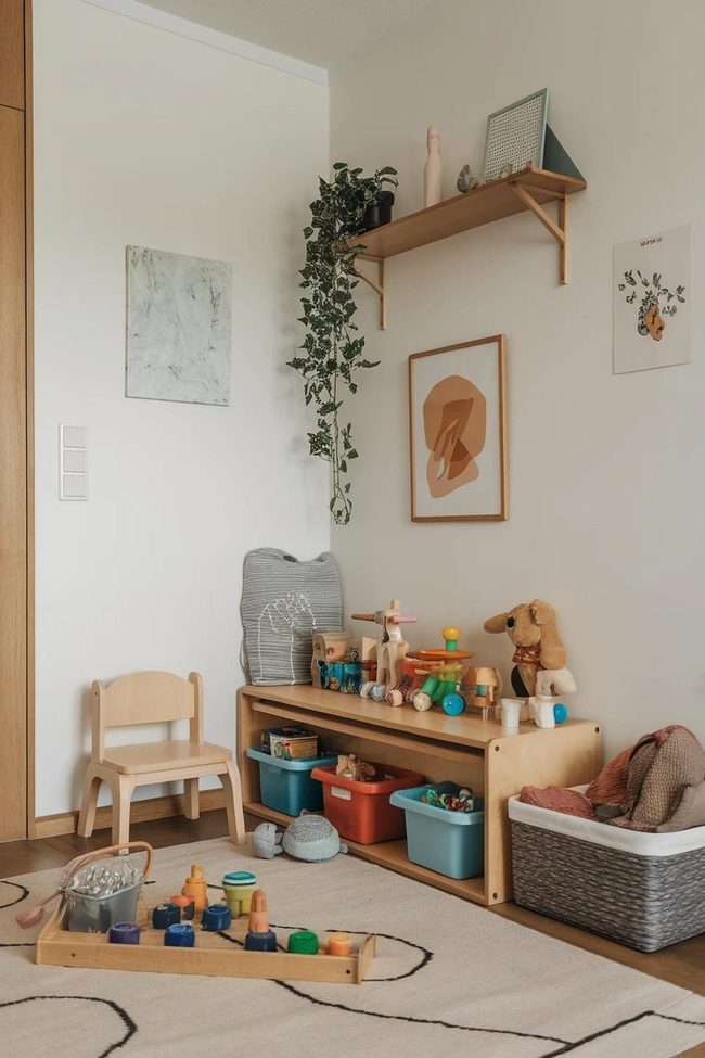 Low Shelf With Labeled Baskets