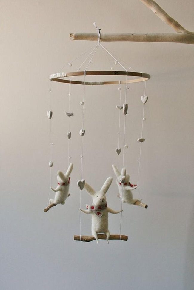 White Bunnies Red Scarves Mobile