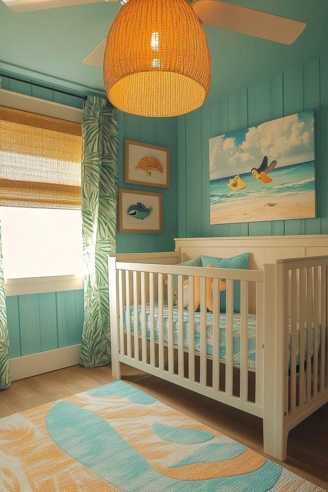 White Crib Against Aqua Walls