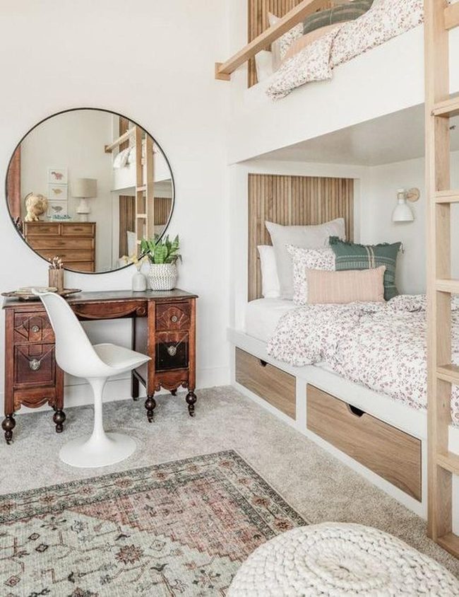 Natural Wood Bunk Beds, Pink Florals