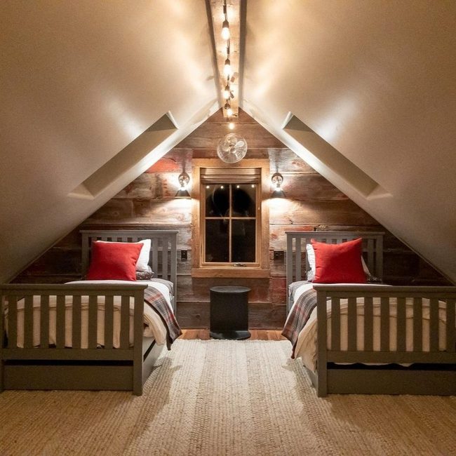 Wooden Attic Bedroom With Dual Beds
