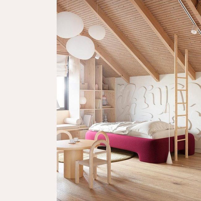 Pink Bed Wooden Ceiling