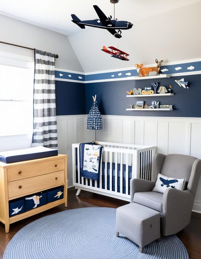 Navy Grey Nursery with Airplane Mobile