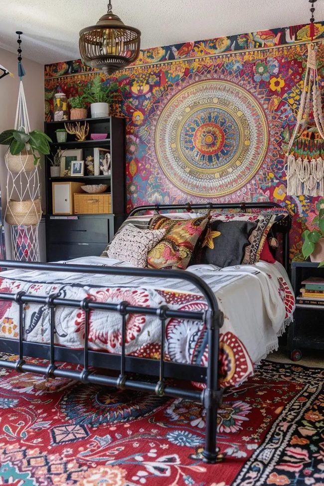 Red Tapestry Boho Bedroom