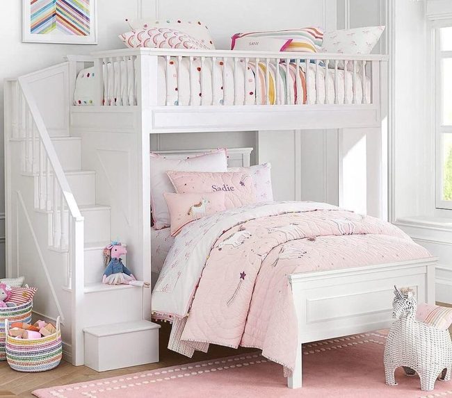 White Lofted Bed With Built-In Storage